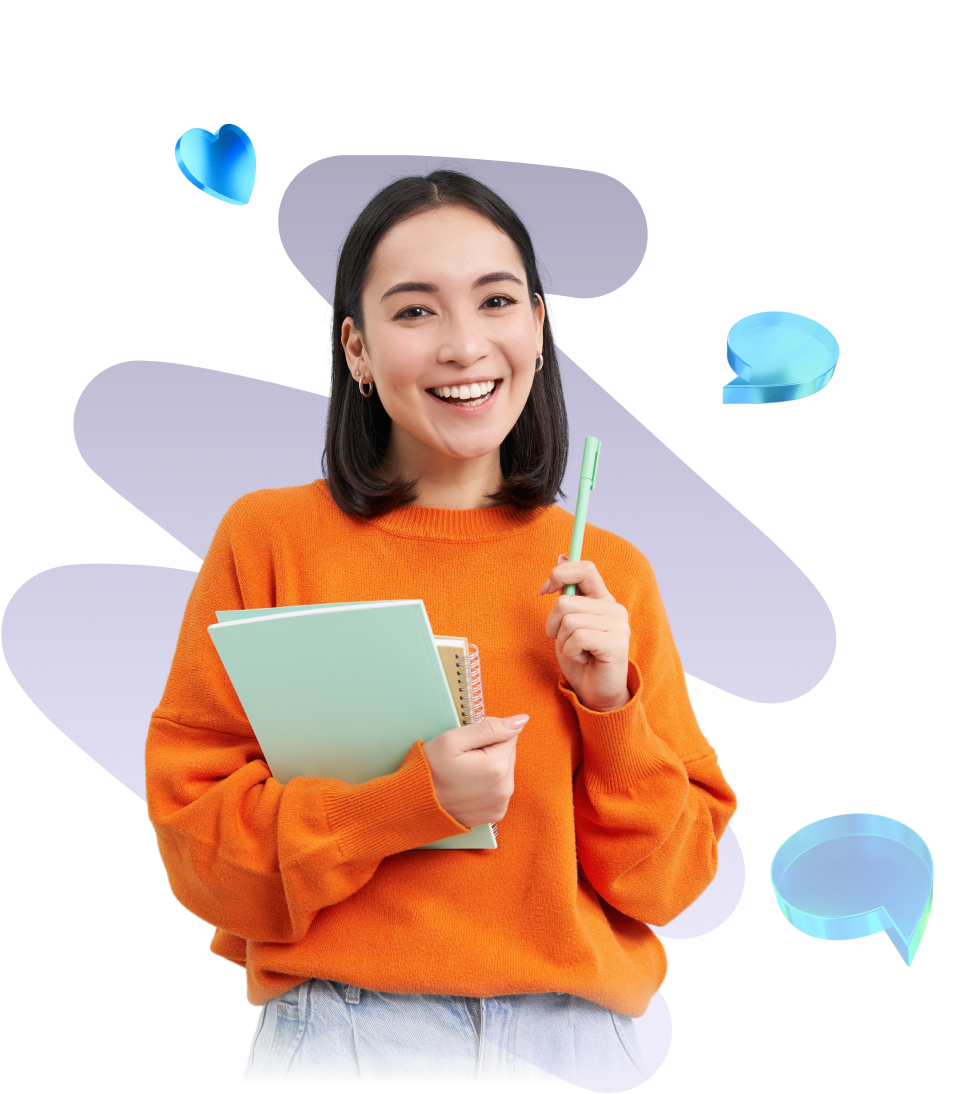 Woman with note paper and pen in hand is smiling