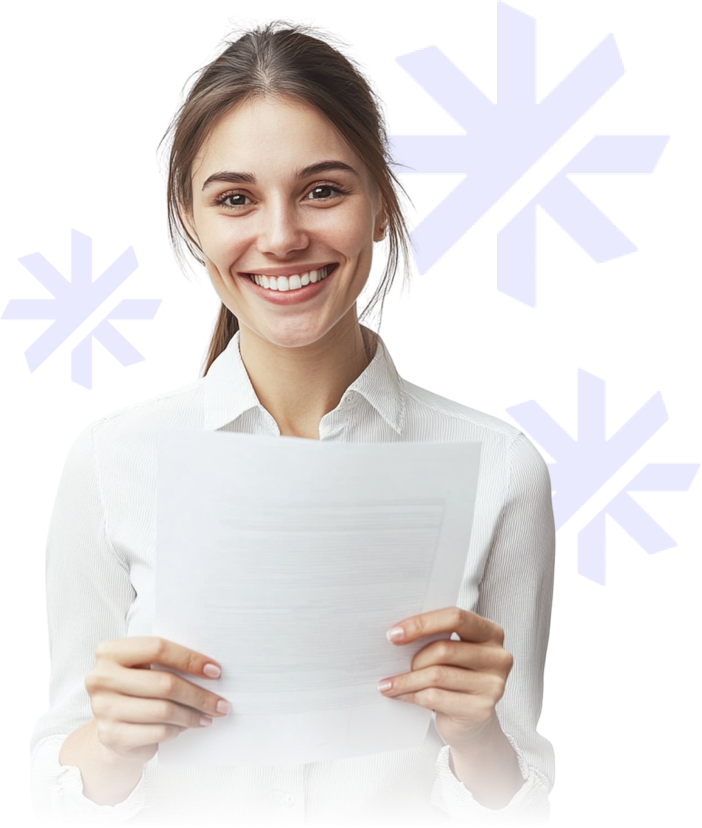 A smiling woman with a paper in her hands